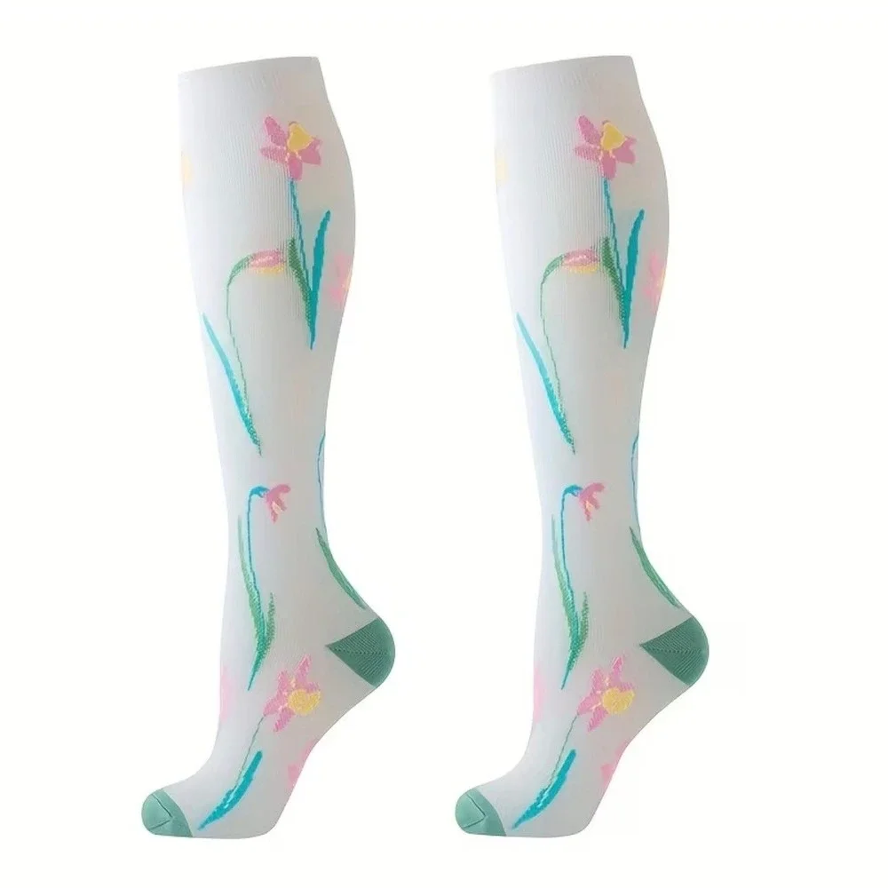 Unisex 15-20 mmHg Compression Socks S/M Knee High Medical Floral 2‎ Pack NEW